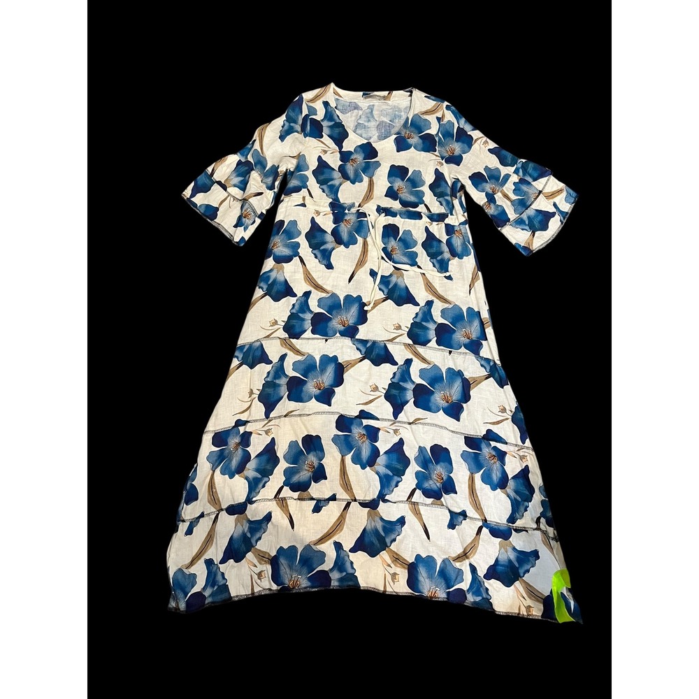 Luisa Perla Italy Linen Floral Midi Dress Blue White Tiered Bell Sleeve Medium